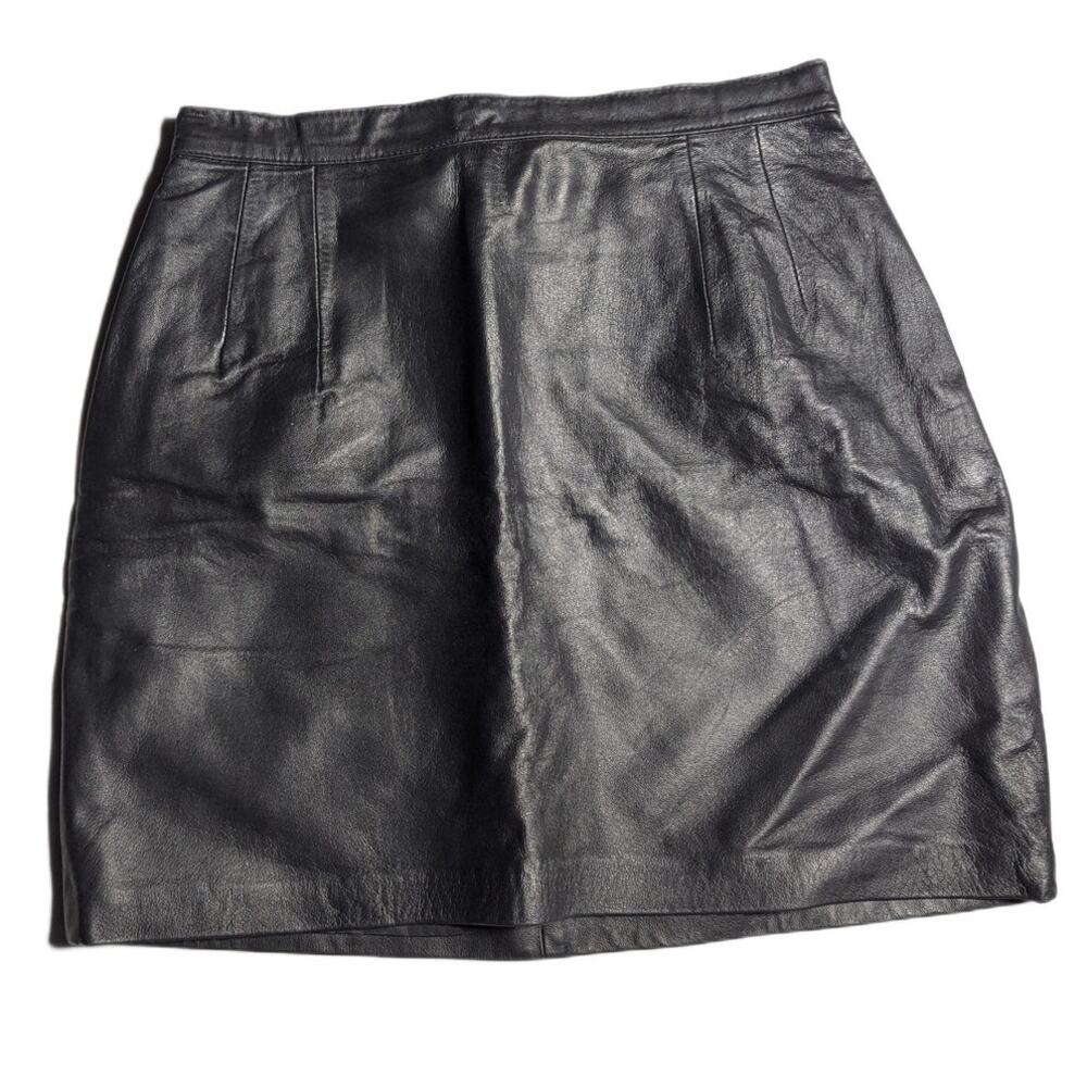 Vtg 1990s Newport News Black Leather High Rise Back Zip Mini Skirt Sz 8